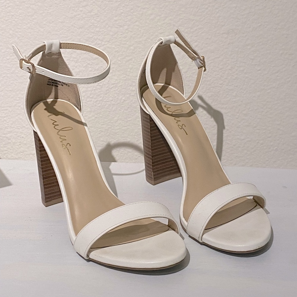 White heels with wood block heel